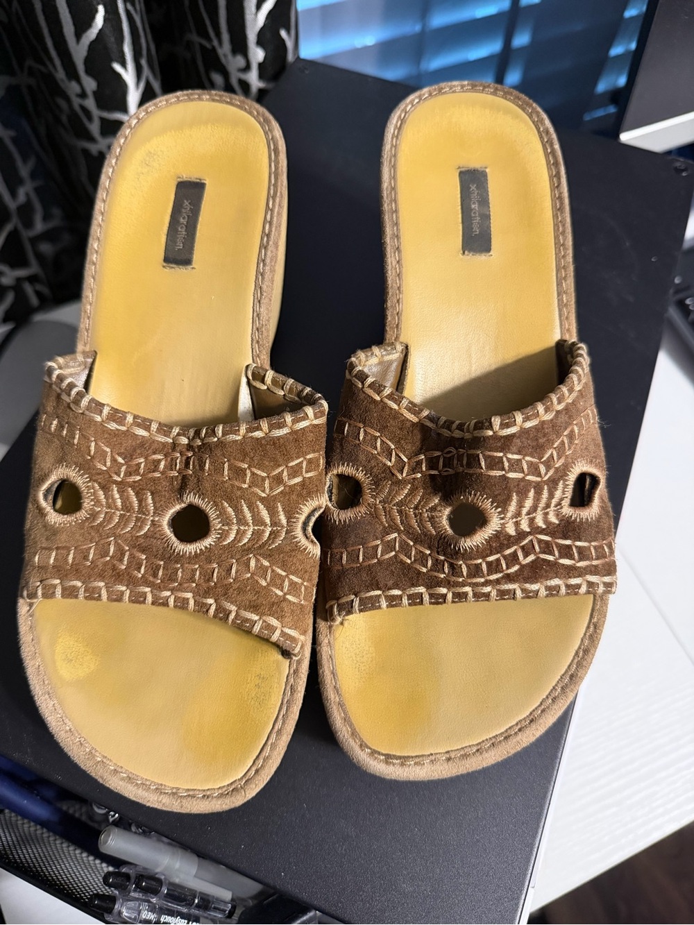 Brown Suede Slide Sandals with Embroidered Cutouts - Women